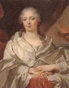 unknow artist Portrait of a lady,half-langth seated,wearing an ivory dress and mantle with a pearl brooch,by a draped curtain and a flaming urn oil on canvas